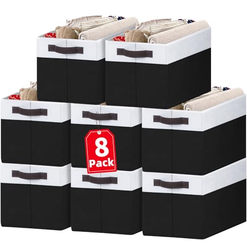 Criusia 8 Pack Large Storage Baskets for Room Organization, Multi-Purpose Bins for Closet, Shelves, Kitchen, Office, Decorative Fabric Foldable Storage Boxes with Handles (14L*10W*9.5H) - color: White with Black, size: 8pcs - Rectangular 14"x10"x9.5"