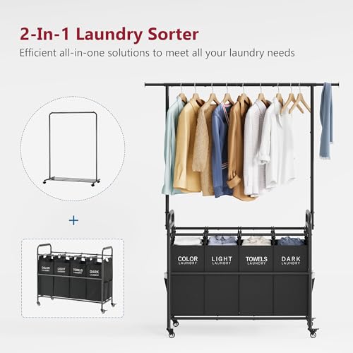 Tajsoon Laundry Sorter Cart with Hanging Clothes Rack, 4 Butler Sorter Basket Organizer, Laundry Hamper Cart with Heavy Duty Rolling Lockable Wheels, Black - color: Black, size: 4 bag