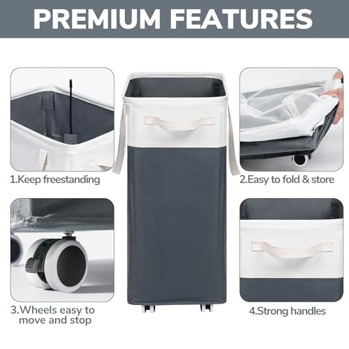 Goodpick Laundry Baskets 2-Pack, 75L Hamper with Wheels, Foldable Laundry Baskets with Removable Wash Bags, Rolling Laundry Hamper for Corner Dorm, Slim Laundry Basket, Grey&White - color: Grey & White 2-Pack