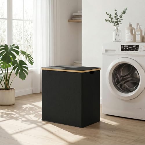 efluky Laundry Hamper with Lid, Double Laundry Hamper with 2 Removable Bags, 2 Section Laundry Basket with Bamboo Handles for Bathroom, Bedroom & Laundry Room, 140L (36.9 Gallon) Black - color: Black, size: 140L Dual