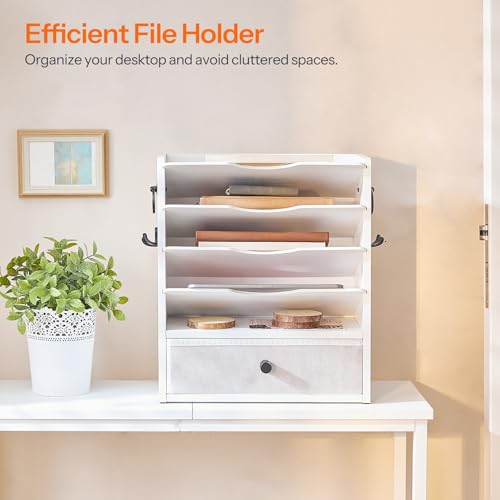 HOOBRO Wall File Organizer, Mail Organizer Wall Mounted, Wooden Literature Organizer, Construction Paper Organizer with Drawer Storage and 2 Hooks, for Office, Classroom, Home, White WT14WF01 - color: White