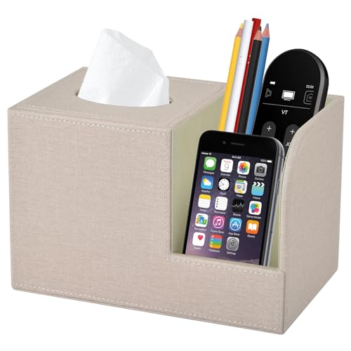 PU Leather Square Tissue Box Cover,Multifunctional Tissue Box Holder,Tissue Box with Storage,Tissue and Remote Control Holder,Tissue Box Decorative Desk Organizer for Home&Office,Beige - color: Beige