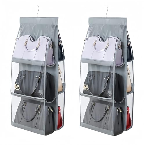 HAN SHENG 6 Pockets Clear Handbag & Purse Organizer Hanging Bag Storage - Space Saving Hanging Shelf for Closet, Wardrobe, Over Door (2 Pack, Grey) - color: Grey, size: 6 Pockets-2pcs
