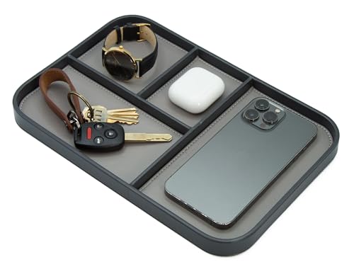 MUUJEE Leather Catchall Multitray (Design 2) - 11.65 x 7.75 x 0.8, Mountain Design Embossed Minimalist Wallet Tray for Men, Thoughtful Husband Gift, Desk EDC Organizer for Watch Keys Glasses, Gray - color: Gray