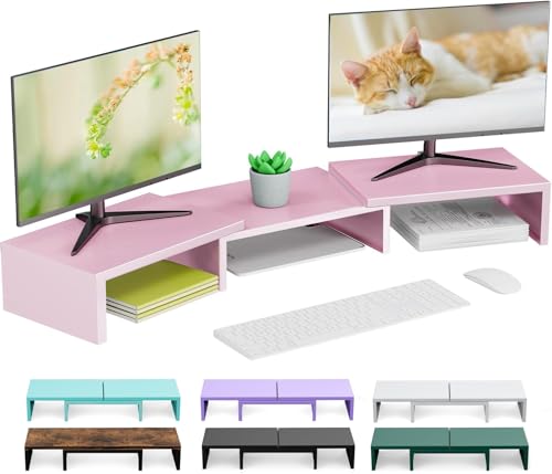 Dual Monitor Stand for Desk, Metal Monitor Riser, Pink office Supplies and Accessories (Pink) - color: Pink