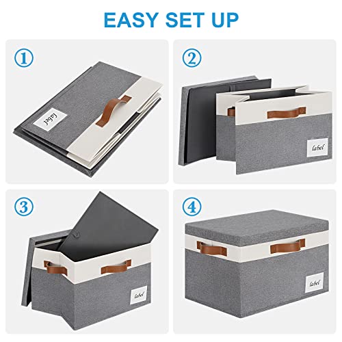 Large Storage Bins with Lids, Foldable Fabric Storage Baskets with Lids, Sturdy Storage Boxes with Labels and 3 PU Handles for Closet Home Bedroom Office (26L, 3 Packs, Grey&White) - color: Grey with White, size: Large-3pcs
