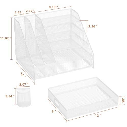 Marbrasse Desk Organizer with File Holder, 5-Tier Paper Letter Tray Organizer with Drawer and 2 Pen Holder,Mesh Desk Organizers and Accessories,Desktop Organizer and Storage for Office Supplies(White)