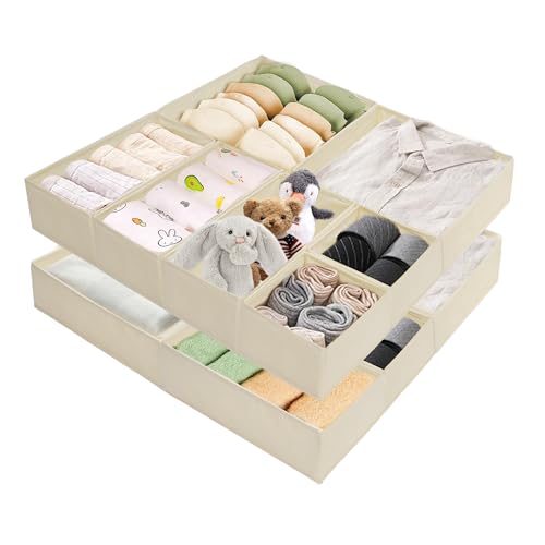 Dresser Drawer Organizers, Drawer Organizer Clothes Set for Nursery, Closet, Bedroom-12 Pack Foldable Fabric Drawers Organizer Storage Dividers for Sock, Bra, Lingerie, Undies, Baby Clothes, Beige