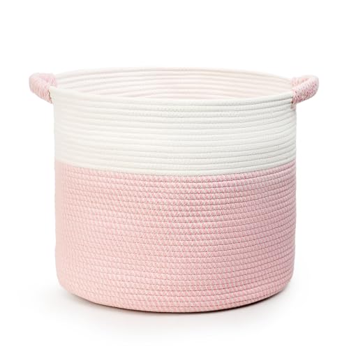 Blanket Basket - Woven Round Rope Storage Basket (16"Wx14"H) for Blankets & Throws, Small Laundry & Toy Organizer, Decorative Living Room & Bedroom Cotton Basket - White & Pink - color: White & Pink, size: Regular-16"Wx14"H
