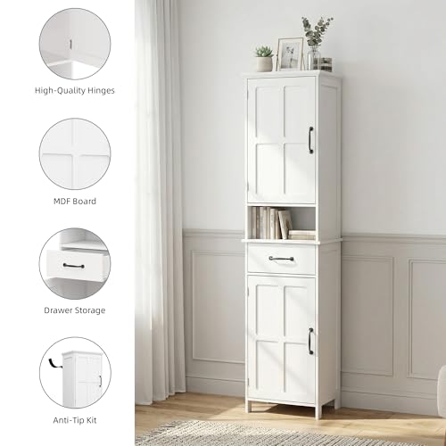 Casaphoria Tall Bathroom Storage Cabinet, 65" H Narrow Floor Cabinet with 2 Barn Doors and 1 Drawer, Freestanding Linen Tower with Adjustable Shelves, Anti-Tipping, White - size: 15.74"L×11.8"W×64.96"H