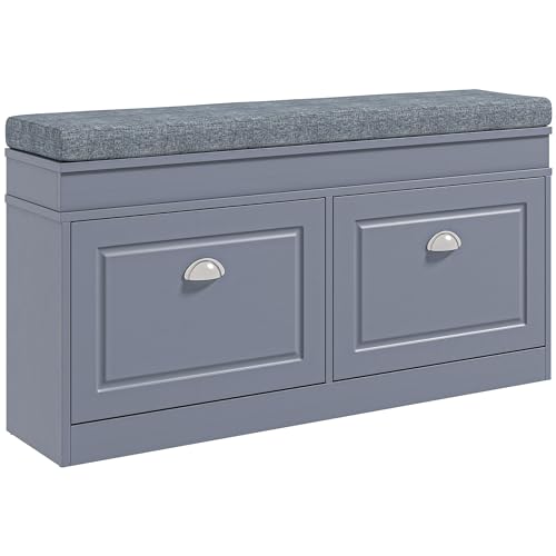 HOMCOM Modern Shoe Rack Bench for Entryway, Storage Organizer with Cushion, 2 Drawers, Adjustable Shelf, Holds 8 Pairs, Gray - color: Grey