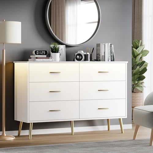 White Dresser for Bedroom, Dressers & Chests of Drawers for Clothes Storage, Wood Dresser for Closet with 6 Drawers, Wide Long Clothes Organizer with LED Light for Hallway, Entryway, Metal Handles - color: White