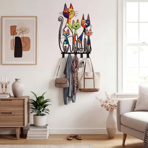 Mid Century Wall Mounted Coat Rack with 5 Hooks Retro Colorful Cat Wall Art Decor Decorative Black Metal Hanger for Coats, Hats, Bags, Keys, Towels for Home, Bathroom, Office(Vintage) - style: Vintage