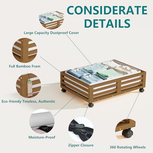 Wisuce Bamboo Under Bed Storage Containers- Underbed Organizer with Wheels with Dust Bag,Sturdy Wood Rolling Under the Bed Shoe Storage Organizer Drawers (Brwon, 2 Pack (23.62"×16.54")) - color: Brwon, size: 2 Pack (23.62"×16.54")