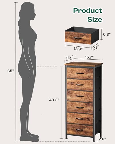 Huuger 43.3 Inch Tall Dresse for Bedroom, 6 Drawer Dresser & Chests of Drawers, Fabric Dresser for Closet, Bedroom, Night Stand, End Table with Metal Frame, Storage Tower, Rustic Brown - color: Rustic Brown, size: 43.3inch(6 Drawers)
