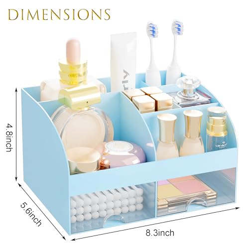Makeup Organizer with 2 Drawers, Cosmetic Storage for Dresser Vanity and Bathroom Countertop,Make up organization and Skincare Storage with Beauty Brush Holder, Cosmetic Display Case (Blue) - color: Blue