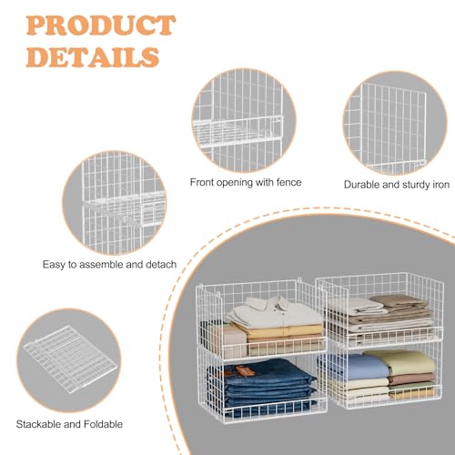 Yociyoga 4-Tier Stackable Closet Organizers and Storage Basket, Foldable Closet Shelf Organizer System, Space-Saving Clothes Storage Drawer Organizer for Wardrobe, White ((Patent 30022416))