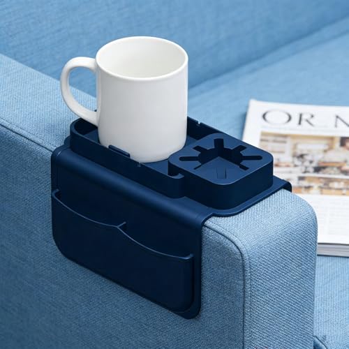 Silicone Sofa Armrest Tray Featuring Drink Holder and Side Pockets for Remote Phone and Snacks Storage Sofa Arm Tray Arm Organizers - color: sea blue