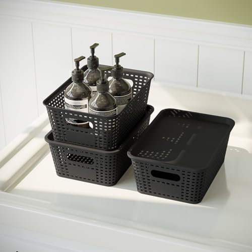 Resze 6-Pack Plastic Storage Bins with Lids, Stackable Organizer Baskets & Containers for Pantry, Kitchen, Cabinet, Closet, Bathroom Organization Toys, Space Saving, Easy-Carry Handles,Black - color: Black