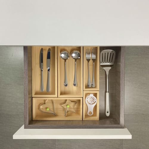 bamboo drawer organizer Set,expandable drawer dividers,wooden storage organizers,drawer organizers for kitchen, bathroom,flatware,Tea Bag Organizer (1 X 5PCS Natural) - color: 1 X 5PCS Natural