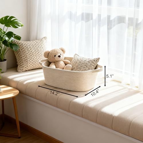Cotton Rope Storage Basket with Handles, Natural Woven Basket, Decorative Rectangle Organizer Bin for Home, Nursery, Montessori, Dog Toy Storage and Bathroom Organization, White - color: Off-White, size: 14.2" L × 10.4" W × 5.1" H