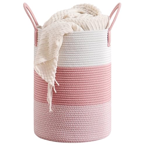 CLHMILY&Z 60L Laundry Basket Round Storage Rope Basket - 15x20.5 Inches - Pink Hamper in Bedreoom and Cute Storage Bin for Blankets, Toys, and Nursery Essentials - color: Pink & White, size: 60L
