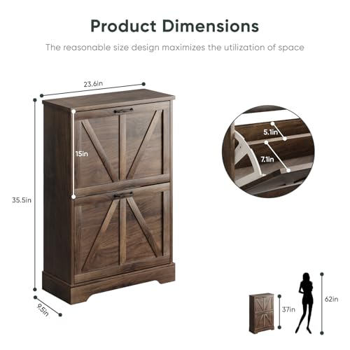 Smart FENDEE Shoe Cabinet, Shoe Storage Cabinet for Entryway with 2 Flip Drawers, Narrow Farmhouse Shoe Organizer Cabinet, Slim Shoe Rack Cabinet, 23.6in Walnut - color: Walnut, size: Width - 23.6 inches