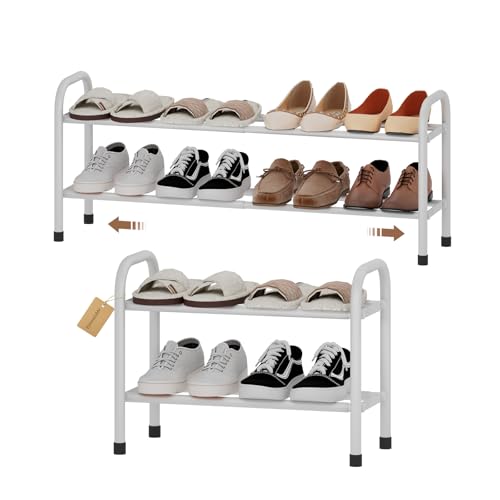 Expandable Shoe Rack, 2-Tier Metal Small Shoe Rack, Adjustable Shoes Organizer, Storage Shelf for Closet, Entryway, White - color: White, size: 2-Tier