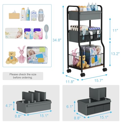 3-tier Baby Diaper Caddy Organizer and Storage Cart with 4+3 Dividers, Metal Utility Cart with Lockable Wheels for Nursery, Bedroom, Bathroom, Black - color: Black