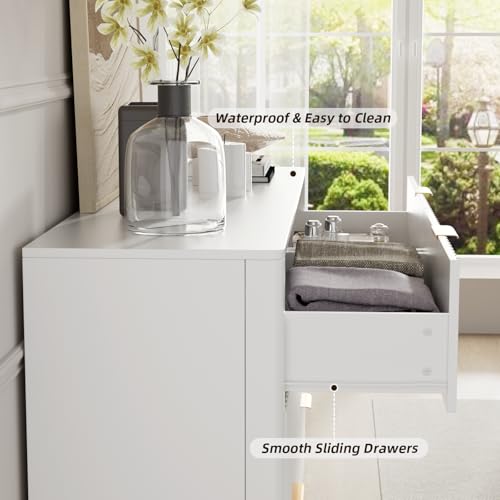 VOWNER Fluted 6 Drawers Dresser for Bedroom, 54" Wide Modern Chest of Drawers with Metal Handle, Closet Clothes Storage Organizer, Wood Dresser TV Stand for Living Room, Closet, Hallway, Entryway - color: White