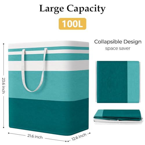 StorageRight Large Collapsible Laundry Basket Hamper with Easy Carry Handles，Freestanding Clothes Hampers for Laundry, Bedroom, Dorm, Towels, Toys, 100L, Green - color: Green, size: 100L