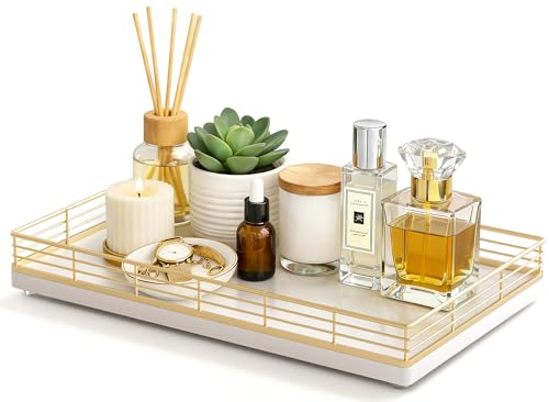 Large Bathroom Vanity Tray – 13" x 8" Oak Decorative Wooden Tray for Bathroom Countertop & Vanity Organizer, Wood Tray for Perfume, Skincare & Accessories Storage, Vanity Dresser Decor Gold & White - color: Gold & White, size: 13" x 8" x 2"