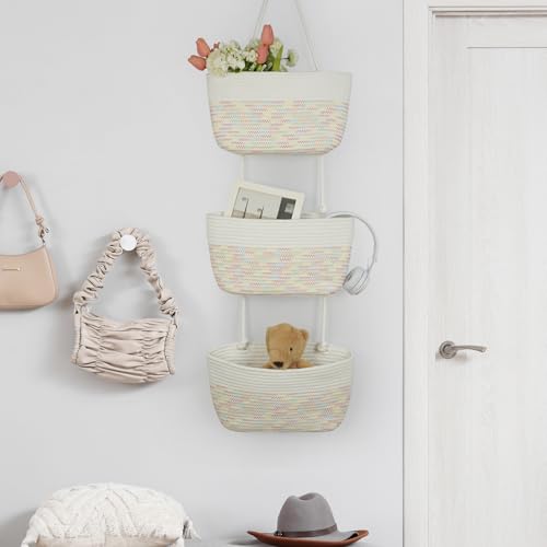 TeoKJ Over the Door Hanging Basket, 3-Tier Woven Cotton Wall-Mounted Storage Organizer Bag Decorative Hanging Nursery Baskets, White & Rainbow Stitching - color: White & Rainbow Stitching