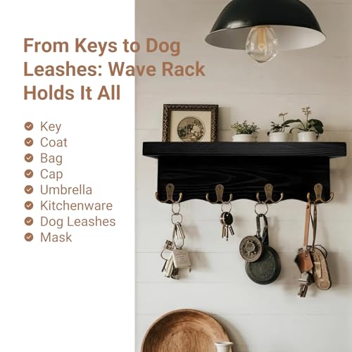 Key Holder for Wall with Shelf, Decorative Wave Design Mail Organizer Wall Mounted with 4 Double Hooks for Keys, Coats, Dog Leash, Wooden Key Rack for Entryway, Hallway, Home Decor (Black)