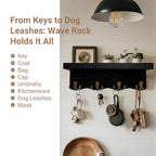 Key Holder for Wall with Shelf, Decorative Wave Design Mail Organizer Wall Mounted with 4 Double Hooks for Keys, Coats, Dog Leash, Wooden Key Rack for Entryway, Hallway, Home Decor (Black)