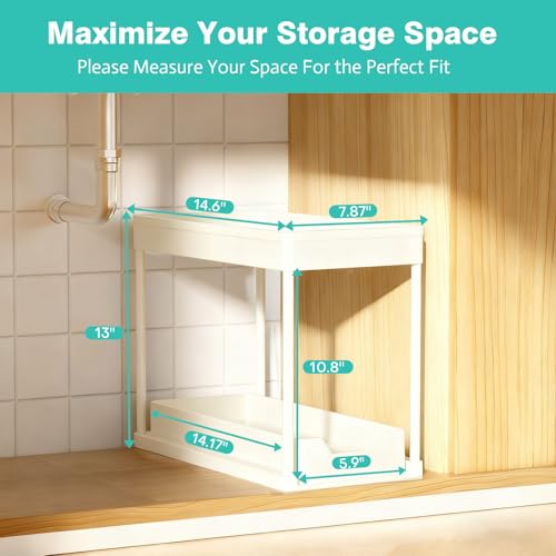 Under Sink Organizers and Storage 2 Pack, Pull-Out Sliding Cabinet Organizer with 2-Tier Storage Shelf & 4 Hooks, Multi-Purpose for Kitchen & Bathroom (13 Inch, White) - color: White