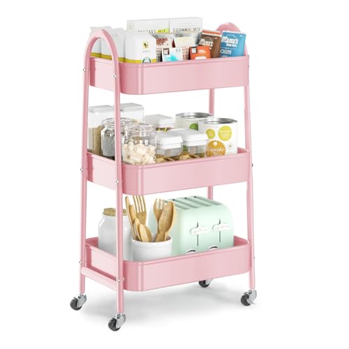 EAGMAK 3 Tier Utility Rolling Cart, Metal Storage Cart with Handle and Lockable Wheels, Multifunctional Storage Organizer Trolley with Mesh Baskets for Kitchen, Living Room, Office, Garage (Pink) - color: Pink, size: Normal