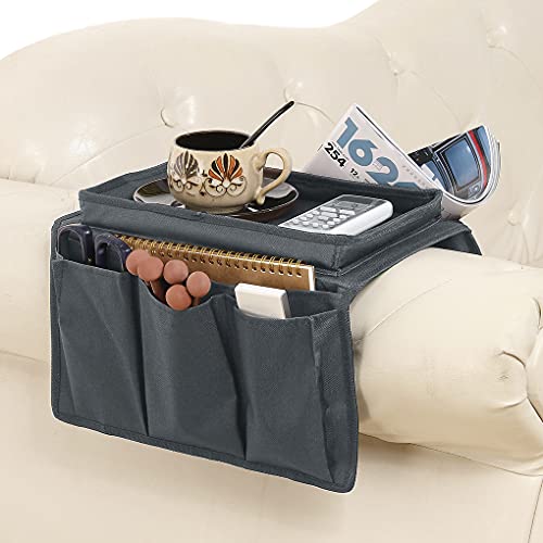 5 Pockets TV Remote Control Holder Couch Sofa Tray Armrest Organiser Oxford Chair Couch Caddy Sofa Armrest Bag Bedside Storage Hanging Organiser for Magazine Books Snack Mobile DVD Cellphone (Grey-a) - color: Grey-a