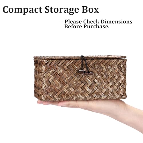 Handwoven Seagrass Basket Wicker Shelf Basket with Lid Rectangular Multipurpose Desktop Organizer Bin for Key Remote Control, Small,7.0" x 4.3" x 3.3" - size: 7.0"L x 4.3"W x 3.3"H
