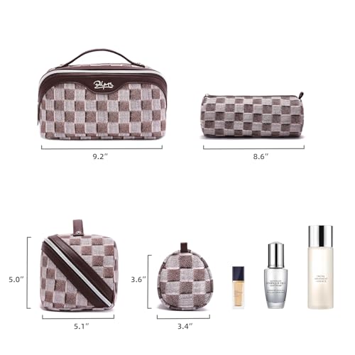BOYATU Travel Makeup Bag for Women: Large Cosmetic Bag Set of 3 - PU Leather Make up Bag with Compartments - Compact Waterproof Toiletry Bag with Divider & Handle (D-3-Brown) - color: D-3-Brown