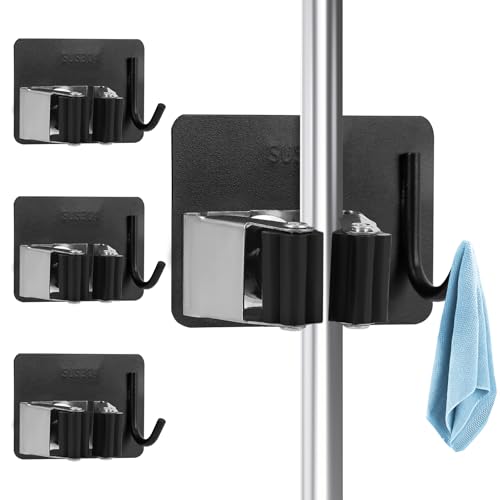 Mop Broom Holder Wall Mount, Stainless Steel, Rust Resistant, Heavy Duty, No Drill,Self-adhesive Broom Holder Wall Mount with Hooks 4Pcs for Bathroom, Kitchen, Garage, Black