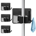 Mop Broom Holder Wall Mount, Stainless Steel, Rust Resistant, Heavy Duty, No Drill,Self-adhesive Broom Holder Wall Mount with Hooks 4Pcs for Bathroom, Kitchen, Garage, Black