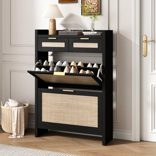 HOKYHOKY Rattan Shoe Storage Cabinet with 2 Drawers & 2 Flip Drawers – Hidden Slim Shoe Organizer for Entryway, Large Tabletop Space, Farmhouse Boho Narrow Shoe Rack, Rustic Black - color: Rustic Black, size: 2 Flips