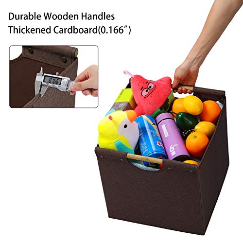 HOONEX Collapsible Storage Bins, 13x13x13 Inches Storage Cubes Linen Fabric, 3 Pack, Storage Baskets with Wooden Carry Handles and Sturdy Heavy Cardboard, for Home, Office, Car, Nursery, Brown - color: Brown, size: 13" L x 13" W x 13" H
