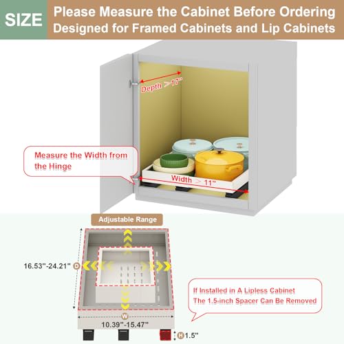 Pull out Cabinet Organizer,Expandable Width(11"-16"),Depth(17"-24") with 3 Rails,Roll out Drawers,No Drill Adjustable Slide out Shelves for Kitchen,Pantry,for Both Lip and Lip-Free Cabinets,White(1PC) - color: White, size: (11"W-16"W)X(17"D-24"D)
