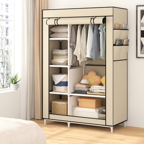 Calmootey Portable Closet Organizers, Clothing Storage, Wardrobe with 6 Shelves and Hanging Rod, Non-Woven Fabric Cover with 4 Side Pockets, Beige - color: Beige