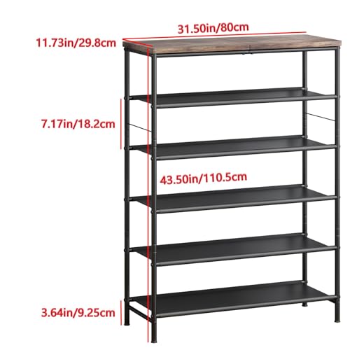 INGIORDAR Shoe Rack Organizer 6 Tier Metal Organizer Shelf with Industrial MDF Board and Layer Fabric for Entryway Closet Bedroom Living Room Garage,Black & Rustic Brown (Black+Rustic Brown, 6 Tier) - color: Black+rustic Brown, size: 6 Tier