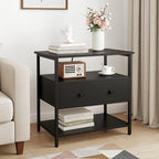 Edbuosy 27 Inch Wide Night Stand with Charging Station, Wood Nightstand with Open Shelf, Large Drawer Bedside Table for Living Room/Bedroom/Office (Black) - color: Black, size: 1 Drawer