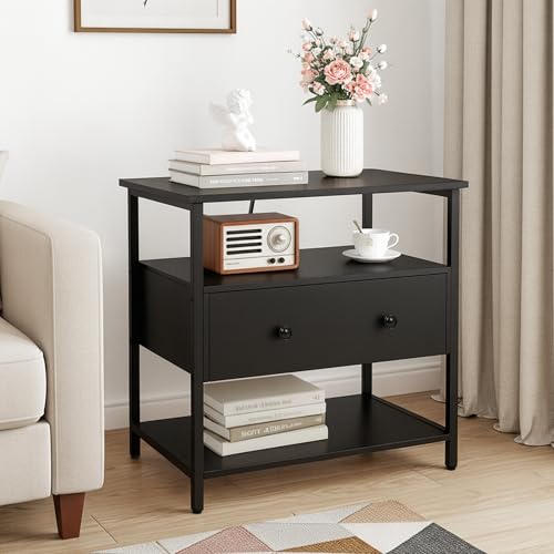 Edbuosy 27 Inch Wide Night Stand with Charging Station, Wood Nightstand with Open Shelf, Large Drawer Bedside Table for Living Room/Bedroom/Office (Black) - color: Black, size: 1 Drawer