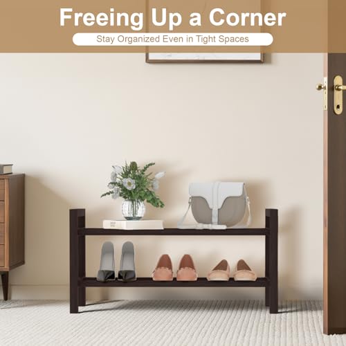 Haddockway Bamboo Shoe Rack for Closet, Free Standing Shoe Organizer with Smooth Round Rods & Convenient Handles, Stackable Shoe Storage Shelf for Entryway, Hallway(Brown, 2-Tier(Small)) - color: Brown, size: 2-Tier_Small